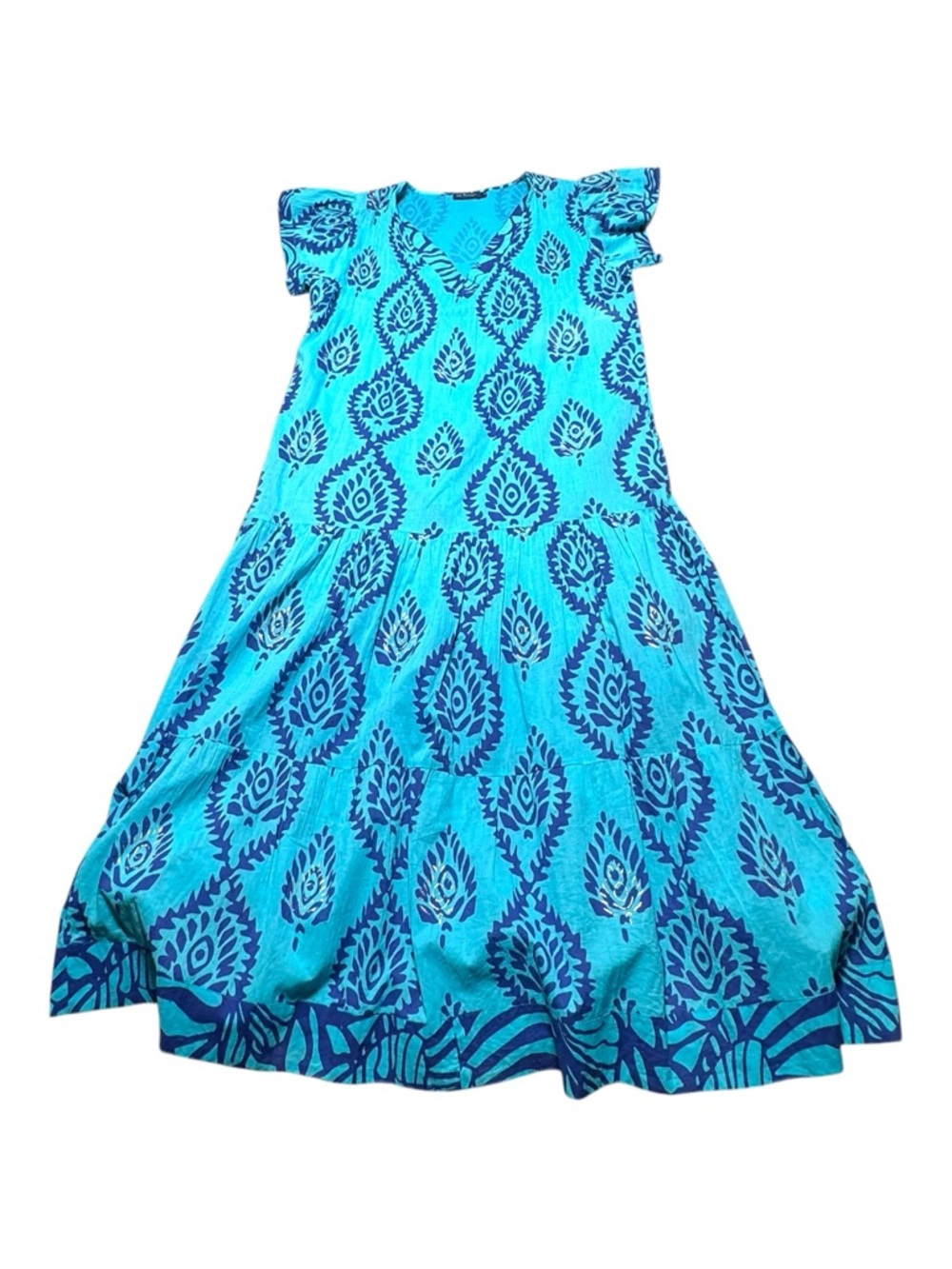 LA PLAGE Women’s Dress Large Maxi Cotton Turquoise Blue Boho Geometric Designer